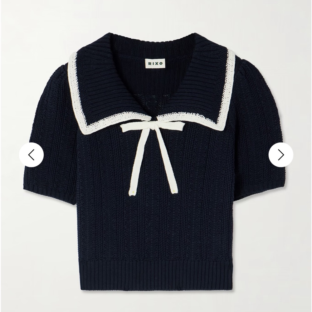RIXO Navy Short-Sleeve Sailor Collar Sweater with White Trim